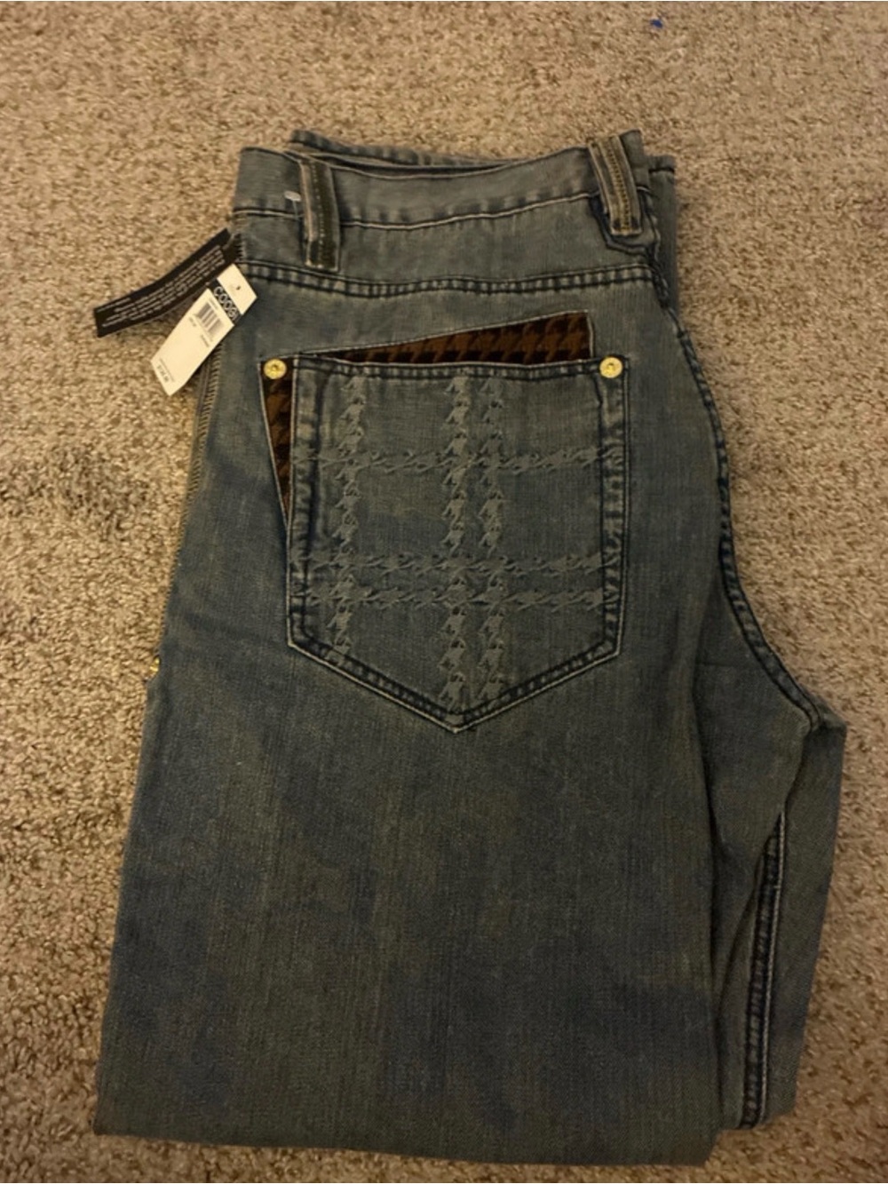 COOGI Men's Blue Denim Jeans with Houndstooth Pocket Accent